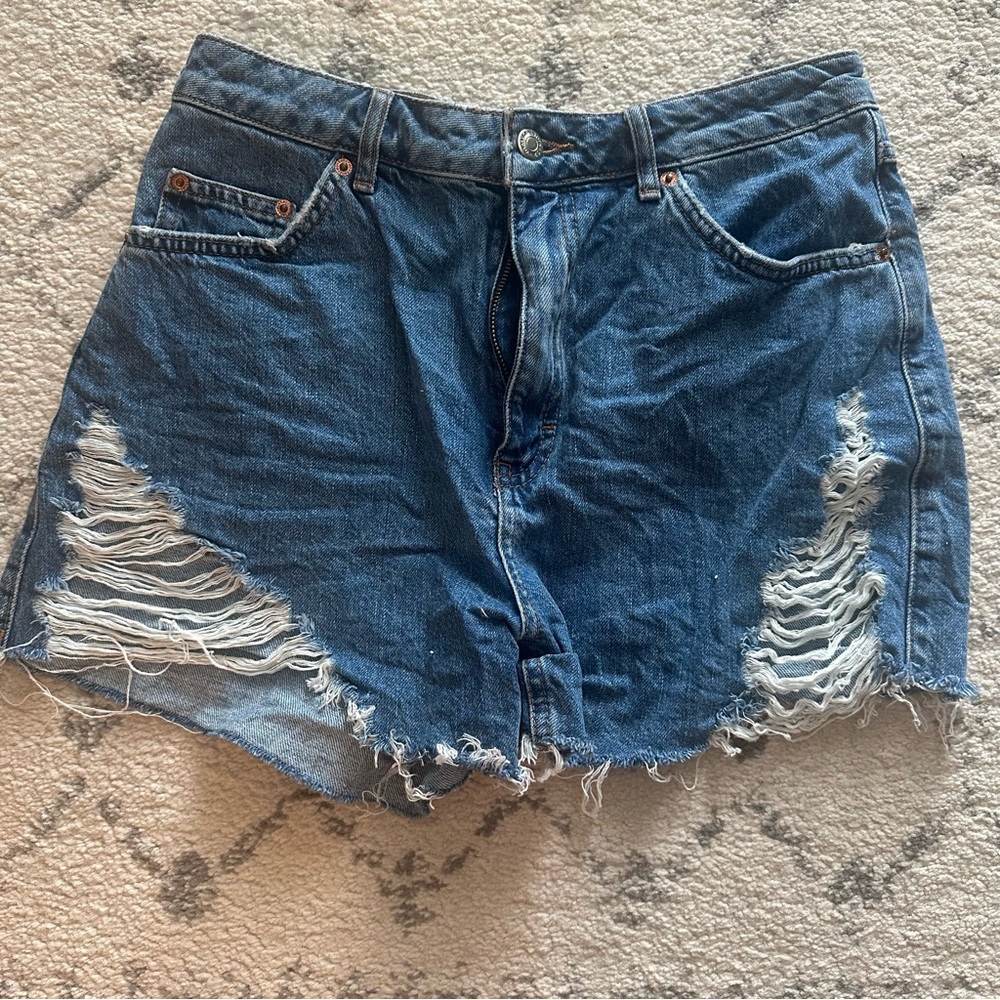 Topshop Distressed Denim Shorts. Size US 8